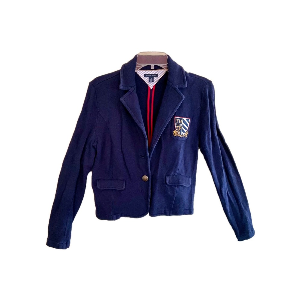 Tommy Hilfiger Womens Navy Schoolboy Knit Crest‎ Blazer Jacket Preppy Collegiate